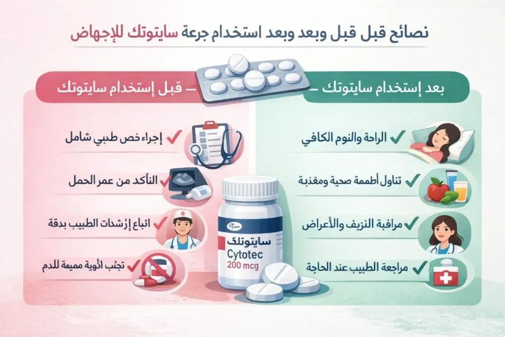 نصائح قبل وبعد استخدام جرعة سايتوتك للاجهاض بشكل آمن
